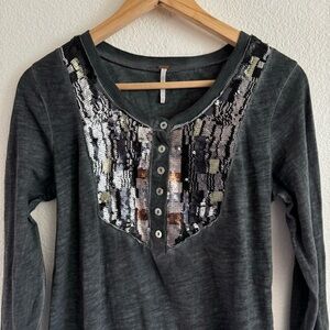 Free People tiger eyes sequin henley tee in washed black